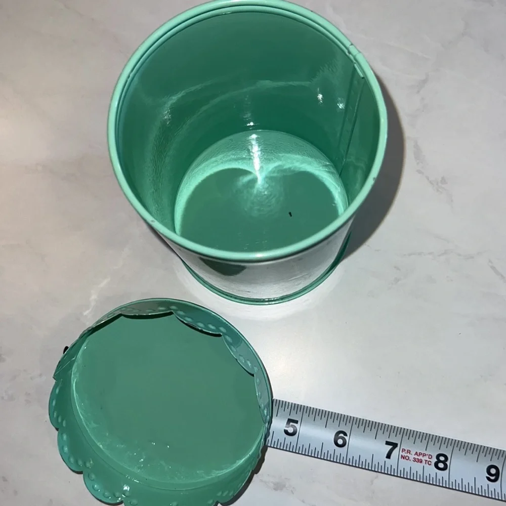 Mint green pastel green dainty metal canister with lid & lid holder 5.25” tall​​ - Picture 4 of 7